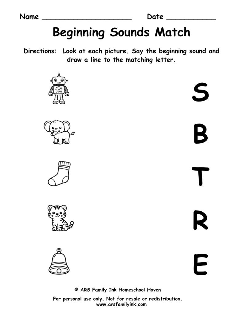 Beginning Sounds Match preschool phonics worksheet where children match pictures of a robot, elephant, sock, tiger, and bell to their beginning letter sounds.