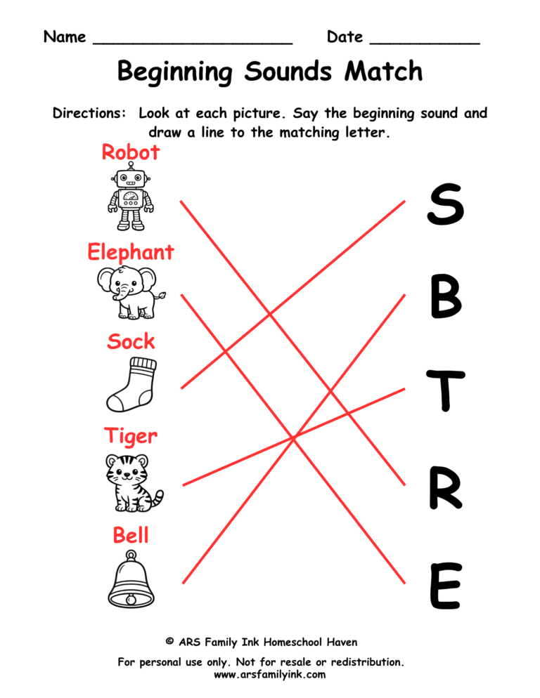 Beginning sounds match answer key for a preschool phonics worksheet showing pictures matched to the correct beginning letter sounds.