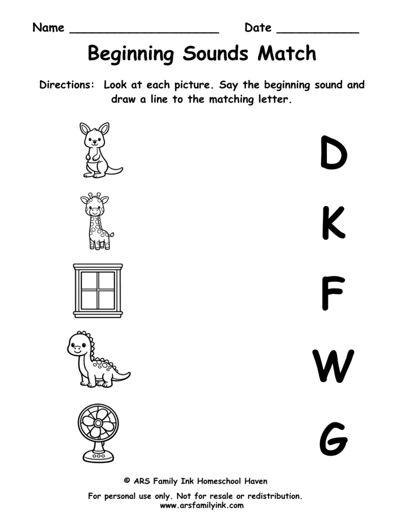 Beginning Sounds Match preschool phonics worksheet where children match pictures of a kangaroo, giraffe, window, dinosaur, and fan to their beginning letter sounds.
