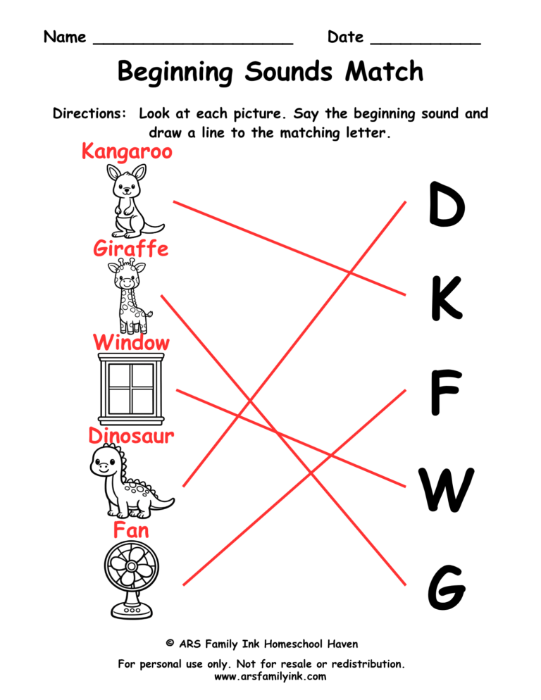 Beginning sounds match answer key for a preschool phonics worksheet showing pictures connected with their correct beginning letters.