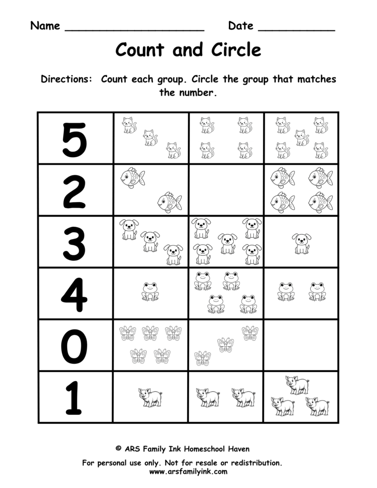 Count and Circle numbers 0 through 5 worksheet for preschool and kindergarten where students count each group and circle the matching amount.