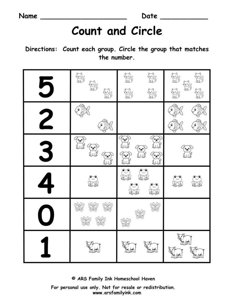 Count and Circle numbers 0 through 5 worksheet for preschool and kindergarten where students count each group and circle the matching amount.