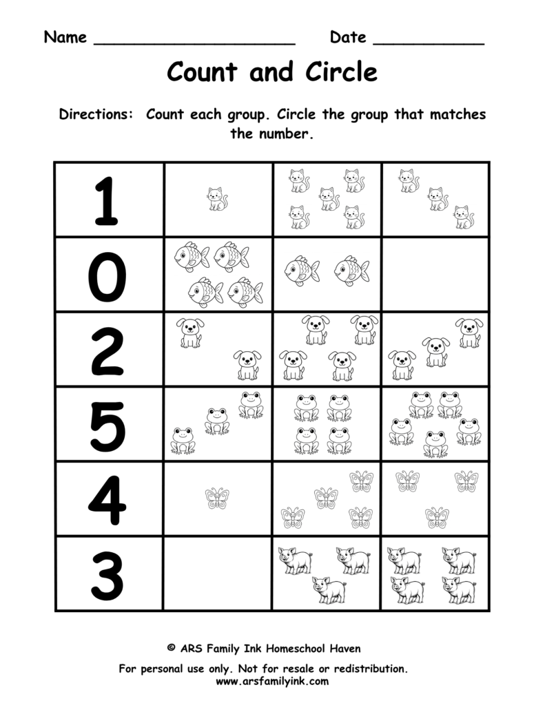 Count and Circle numbers 0 through 5 worksheet for preschool students with animals to count and matching groups to circle.