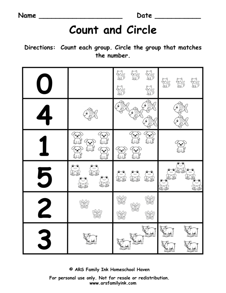 Count and Circle numbers 0 through 5 preschool worksheet where children count animals and circle the group that matches each number.