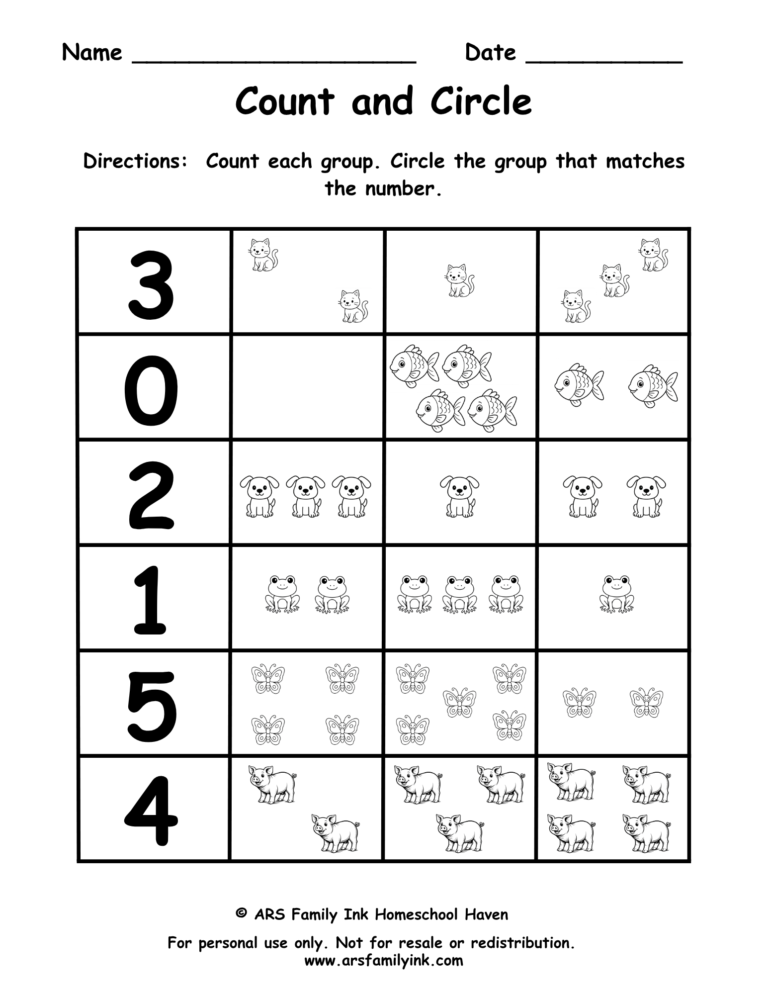 Count and Circle numbers 0 through 5 preschool worksheet where children count groups of animals and circle the correct matching quantity.