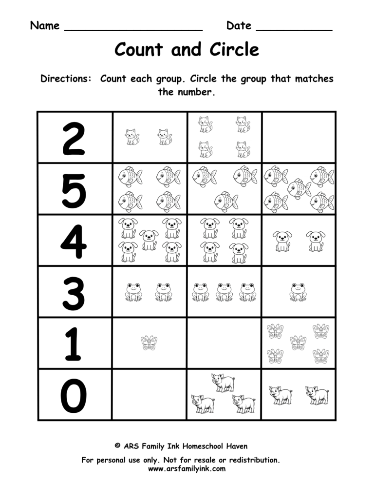 Count and Circle numbers 0 through 5 preschool worksheet where students count animal groups and circle the correct matching amount.