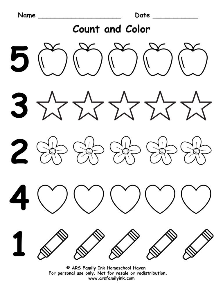 Count and Color worksheet for preschool and kindergarten featuring numbers 1 through 5 with objects to count and color for early math practice.