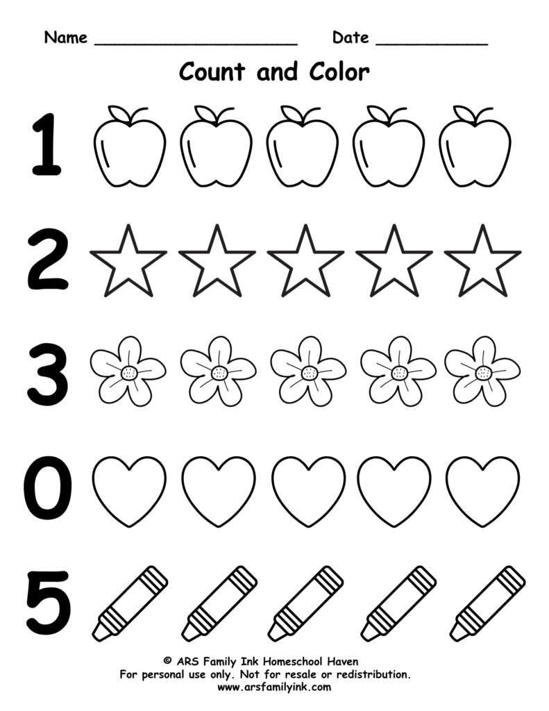 Count and Color numbers 0 through 5 worksheet for preschool and kindergarten featuring objects to count, color, and match with the correct number.