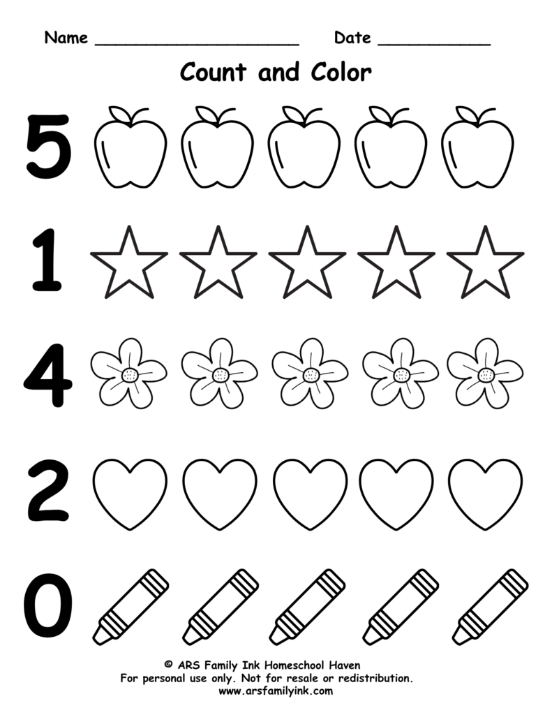 Count and Color numbers 0 through 5 worksheet for preschool and kindergarten featuring apples, stars, flowers, hearts, and crayons for counting practice.
