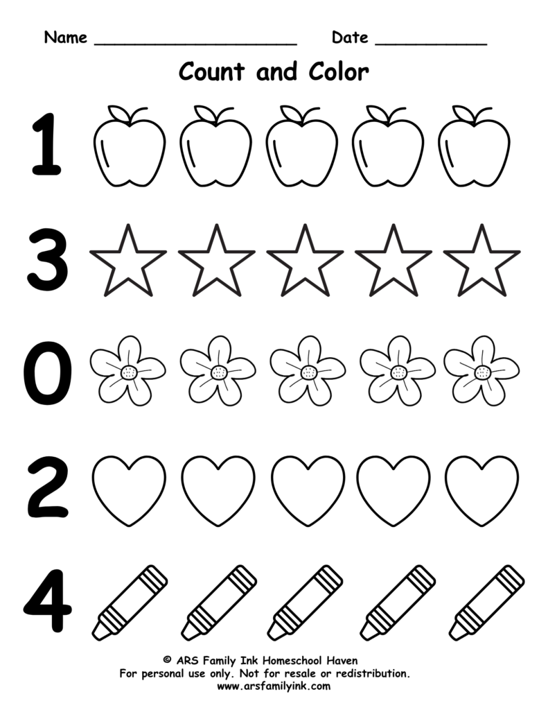 Count and Color numbers 0 through 5 mixed order worksheet for preschool and kindergarten featuring apples, stars, flowers, hearts, and crayons.