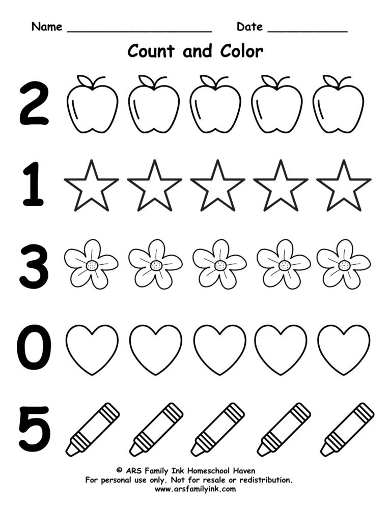 Count and Color numbers 0 through 5 worksheet for preschool and kindergarten with mixed number order and apple, star, flower, heart, and crayon counting practice.
