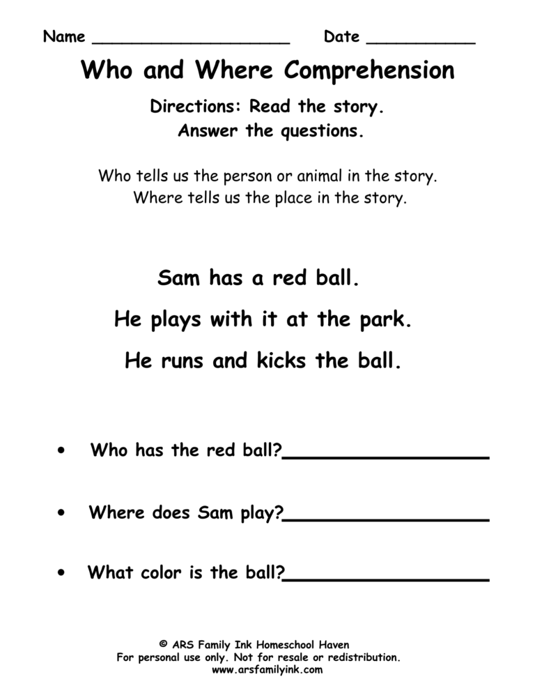 Who and Where reading comprehension worksheet for kindergarten and first grade featuring a short story about Sam playing with a red ball at the park.