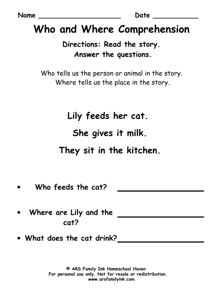 Who and Where reading comprehension worksheet for kindergarten and first grade featuring a short story about Lily feeding her cat milk in the kitchen.