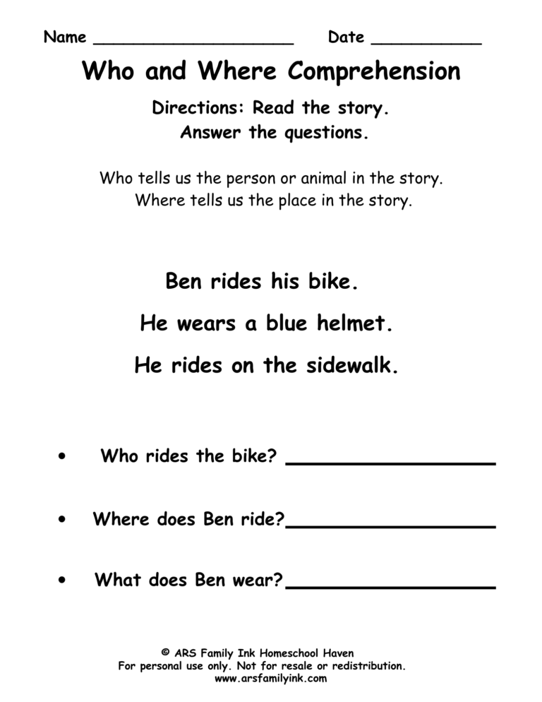Who and Where reading comprehension worksheet for kindergarten and first grade featuring a short story about Ben riding his bike on the sidewalk while wearing a blue helmet.