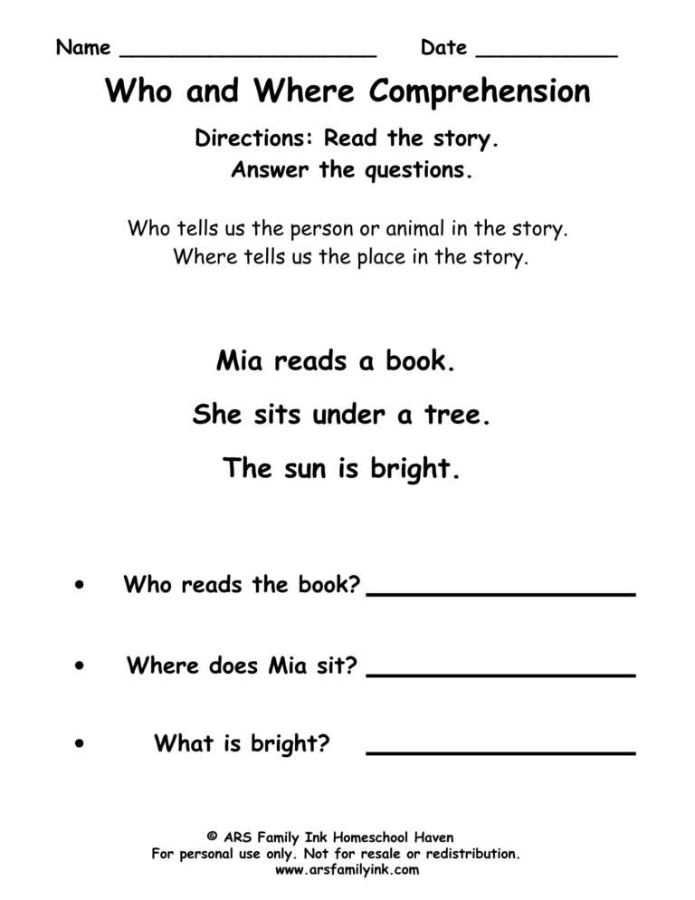 Who and Where reading comprehension worksheet for kindergarten and first grade featuring a short story about Mia reading a book under a tree.