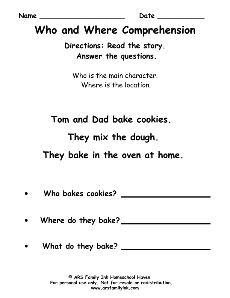 Who and Where reading comprehension worksheet for kindergarten and first grade featuring a short story about Tom and Dad baking cookies at home.