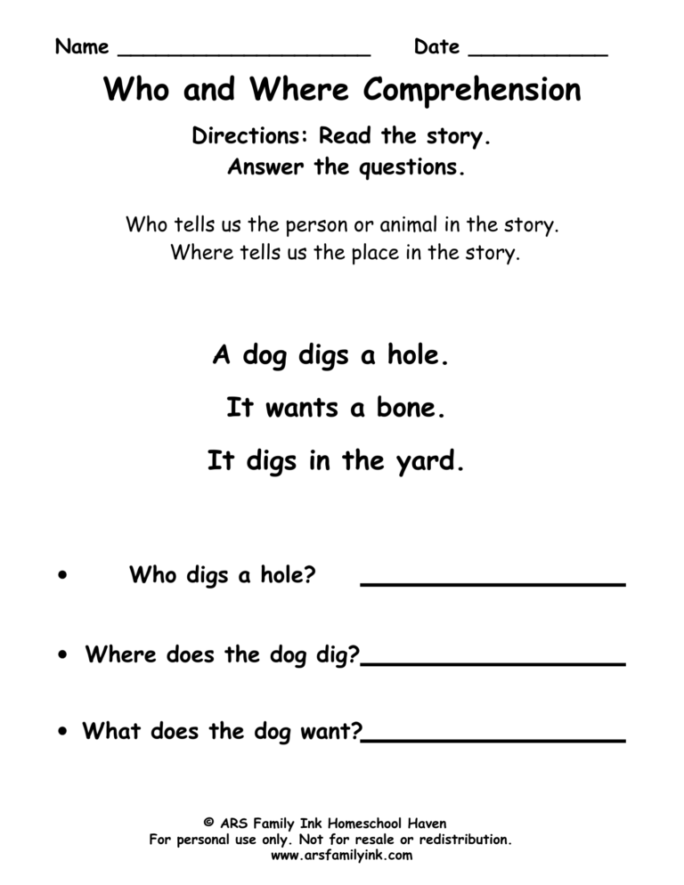 Who and Where reading comprehension worksheet for kindergarten and first grade featuring a short story about a dog digging in the yard.