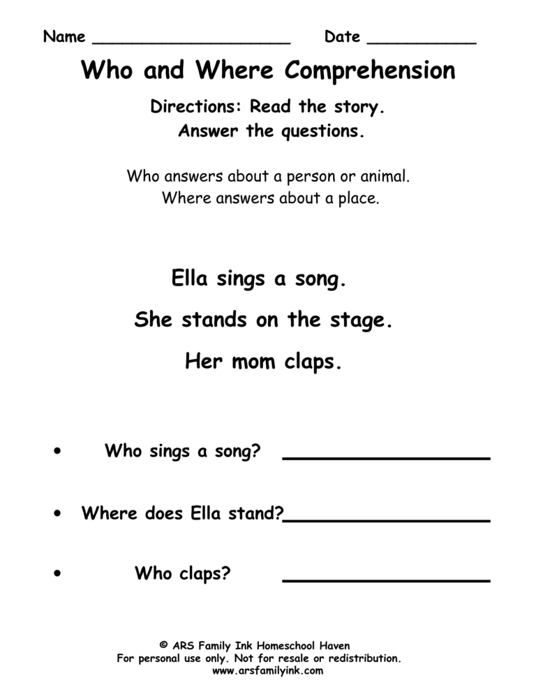 Who and Where reading comprehension worksheet for kindergarten and first grade featuring a short story about Ella singing a song on stage.