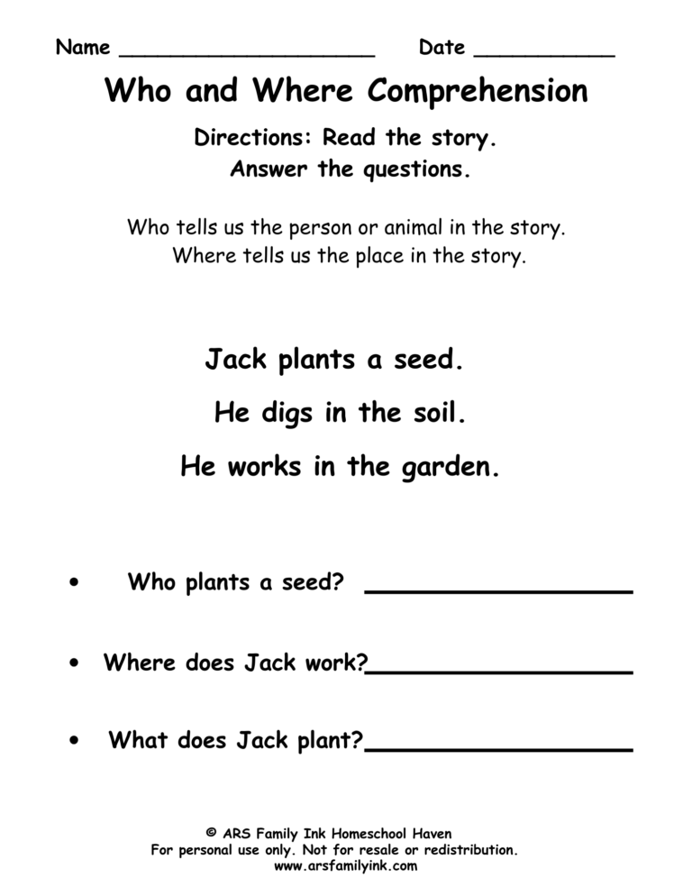 Who and Where reading comprehension worksheet for kindergarten and first grade featuring a short story about Jack planting a seed in the garden.