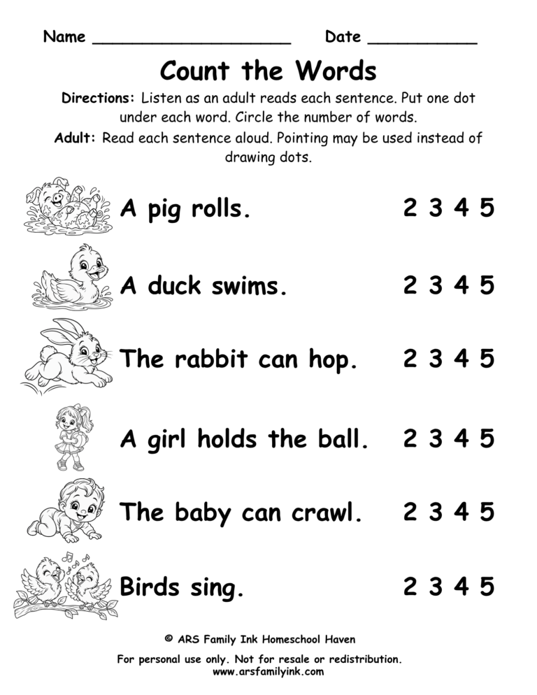 Count the Words kindergarten worksheet for counting the number of words in simple sentences