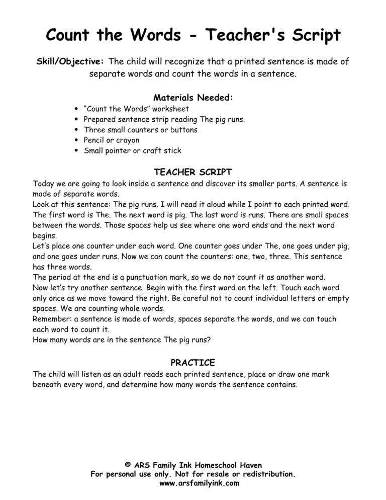 Count the Words kindergarten teacher script for teaching children to identify and count words in printed sentences