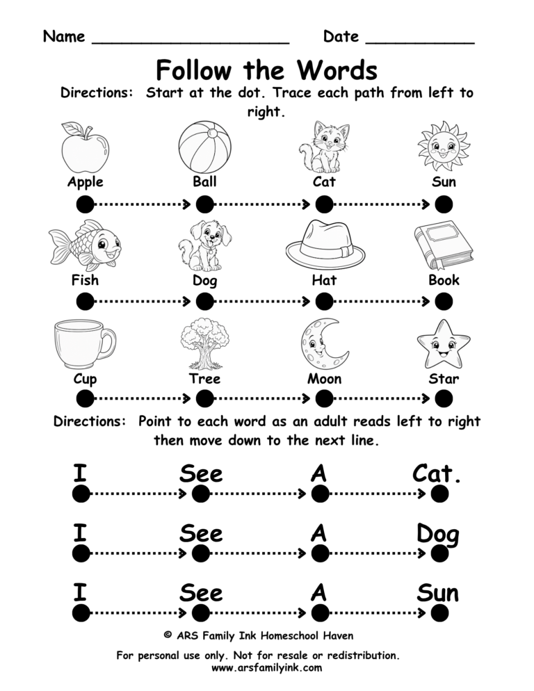 Follow the Words kindergarten worksheet for practicing left-to-right print tracking and moving down to the next line.