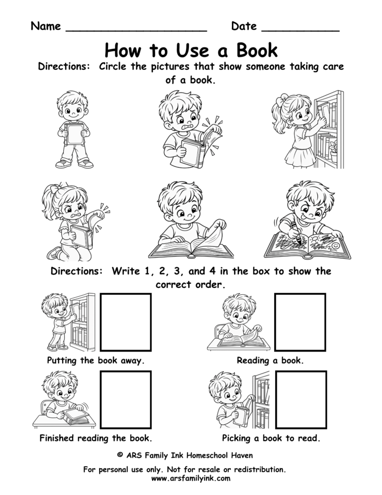 Kindergarten How to Use a Book worksheet with pictures of proper book care and a four-step book-handling sequencing activity.
