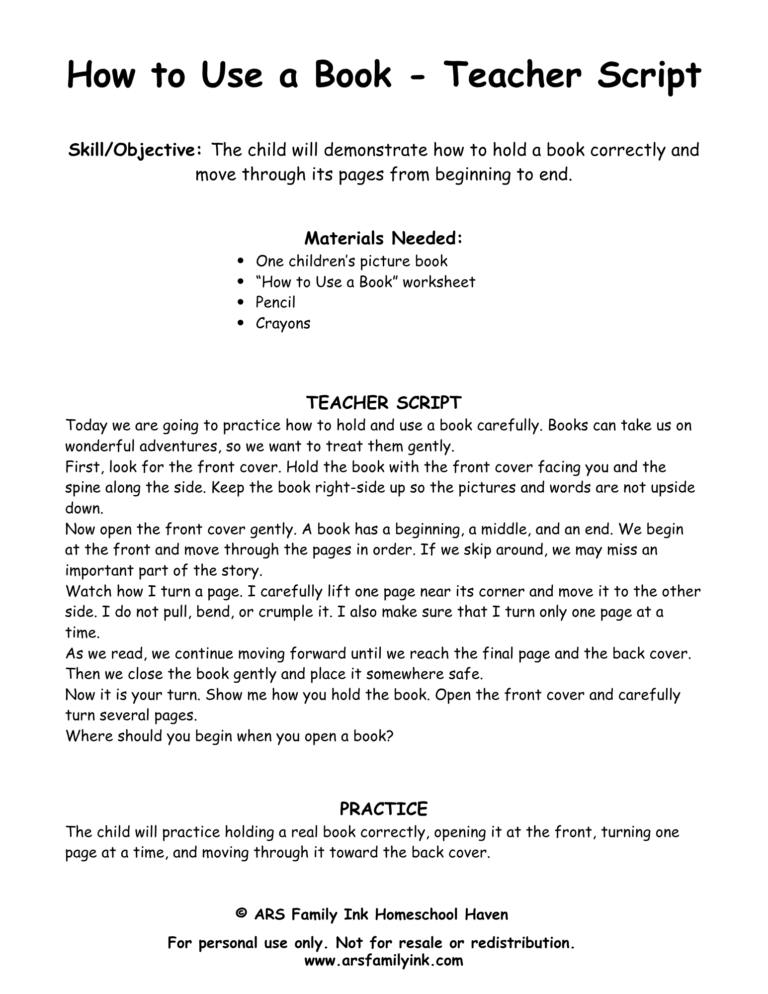 How to Use a Book teacher script for kindergarten explaining how to hold a book, turn pages carefully, and move through a book from beginning to end.