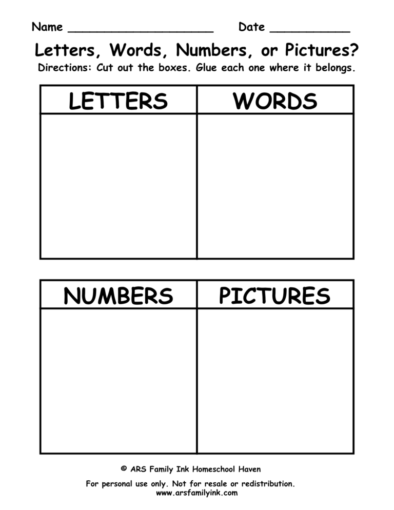 Letters, Words, Numbers, or Pictures kindergarten sorting worksheet for identifying letters, words, numbers, and pictures