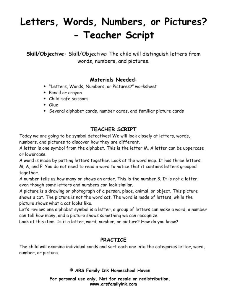 Letters, Words, Numbers, or Pictures kindergarten teacher script for teaching the difference between letters, words, numbers, and pictures