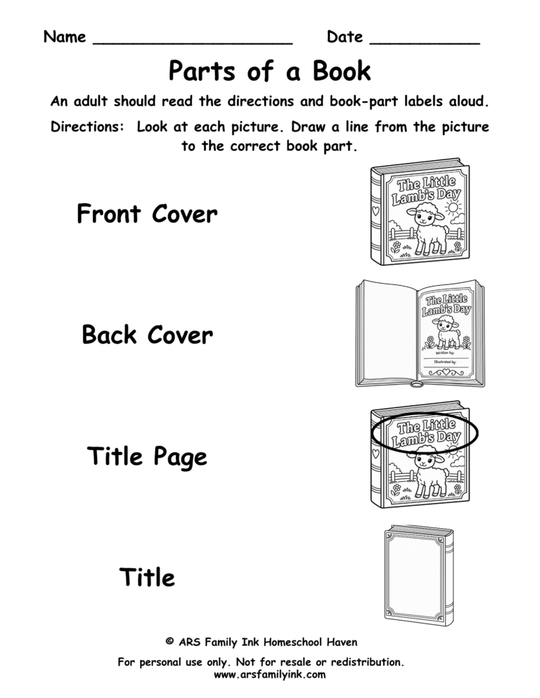 Parts of a Book worksheet for kindergarten matching the front cover, back cover, title page, and title of a book.