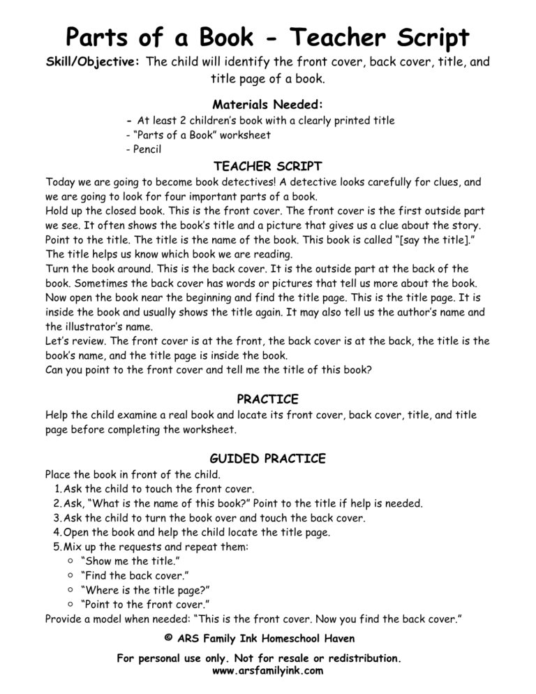 Parts of a Book teacher script for kindergarten teaching front cover, back cover, title, and title page.