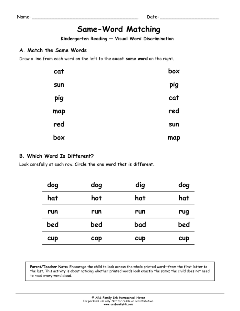 Same-Word Matching kindergarten worksheet for visual word discrimination and identifying matching and different printed words