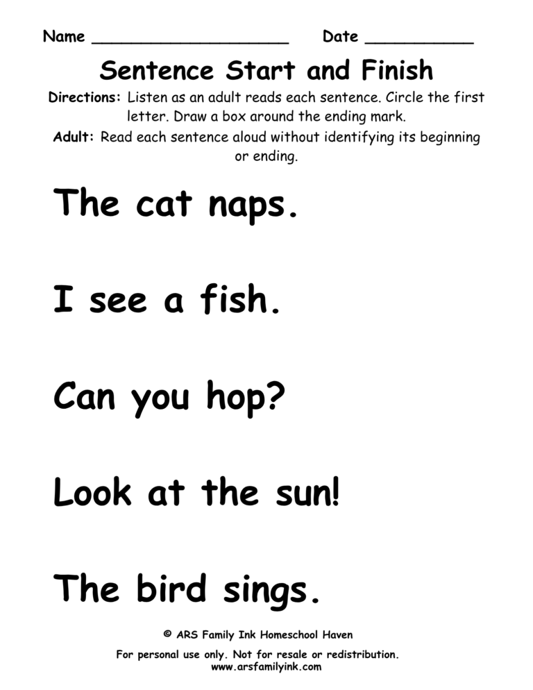 Sentence Start and Finish kindergarten worksheet for identifying capital letters at the beginning of sentences and punctuation marks at the end.