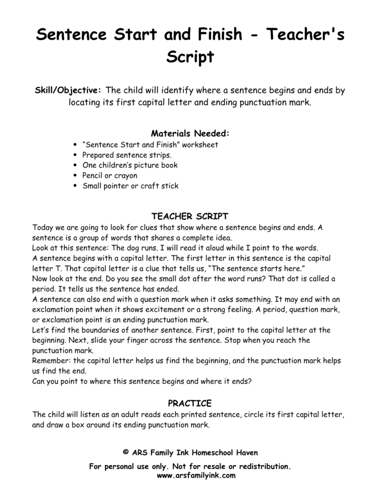Sentence Start and Finish kindergarten teacher script preview for teaching capital letters and ending punctuation.