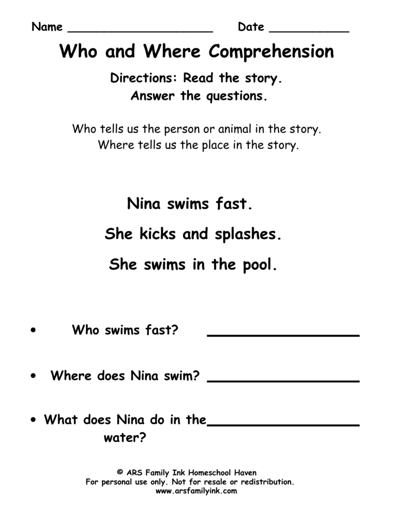 Who and Where reading comprehension worksheet for kindergarten and first grade featuring a short passage about Nina swimming in a pool.