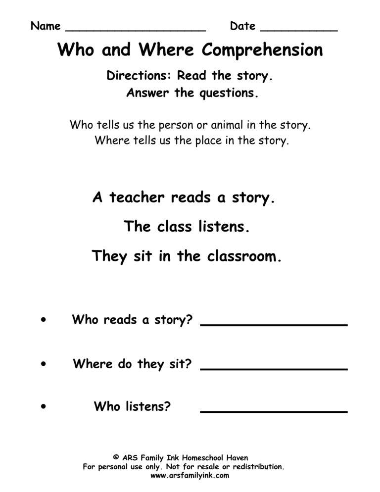 Who and Where reading comprehension worksheet for kindergarten and first grade featuring a short story about a teacher reading to a class in the classroom.