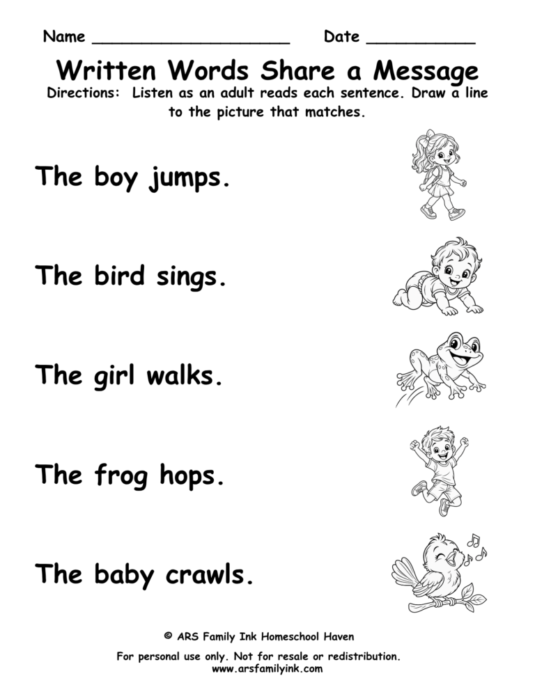 Written Words Share a Message kindergarten worksheet matching simple written sentences to pictures