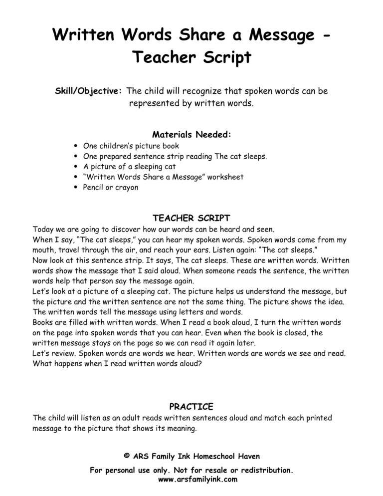 Written Words Share a Message kindergarten teacher script for teaching that spoken words can be represented by written words