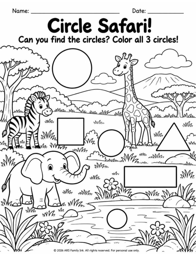 Preschool Circle Safari worksheet showing three circles among other shapes in a safari scene with a zebra, giraffe, and elephant.