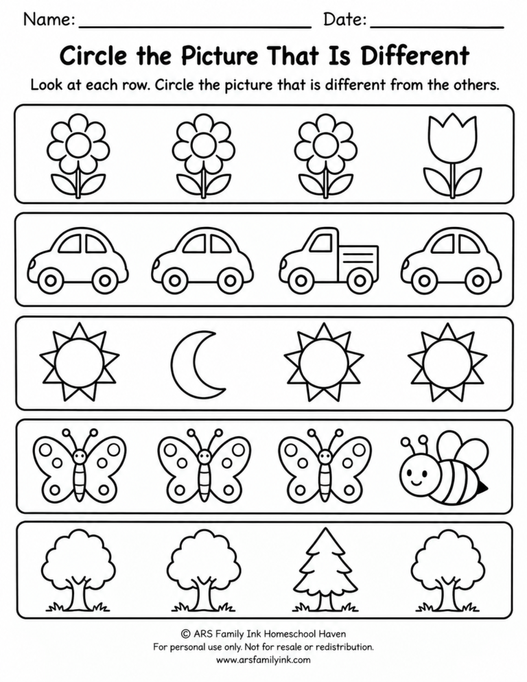 Preschool worksheet with five rows of four pictures; children circle the one different picture in each row.
