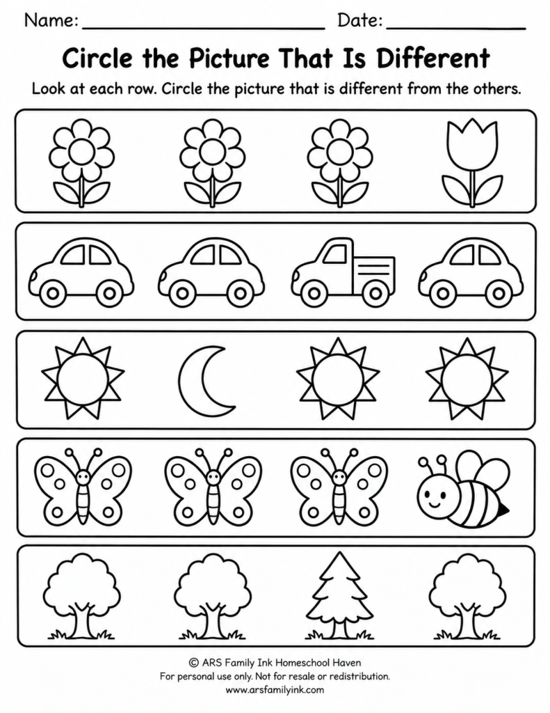 Preschool worksheet with five rows of four pictures; children circle the one different picture in each row.