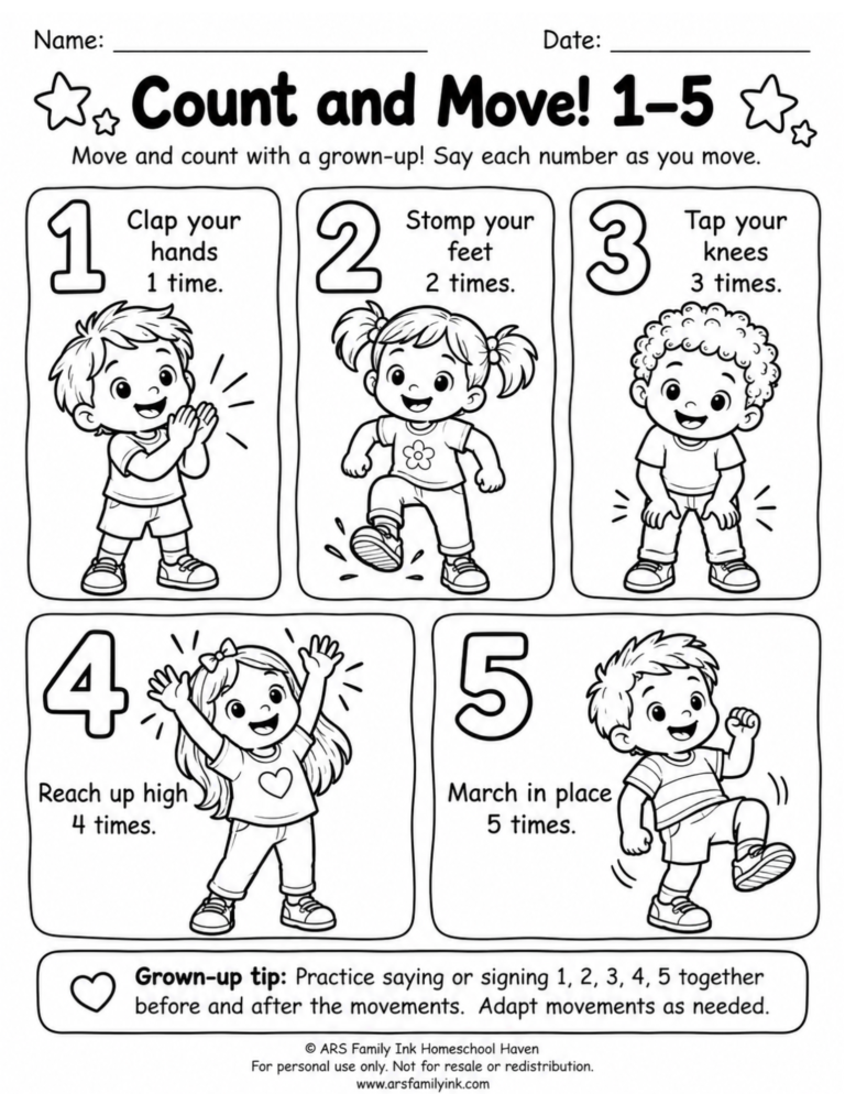 Preschool Count and Move 1–5 worksheet with five illustrated movement activities: clap once, stomp twice, tap knees three times, reach up four times, and march five times.