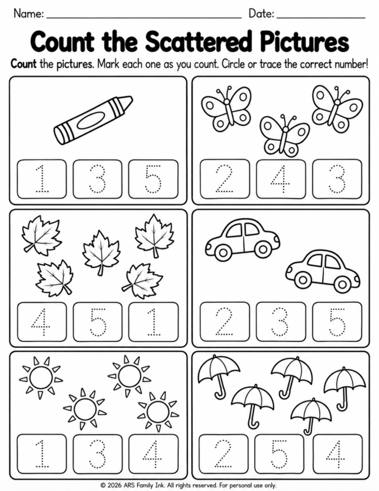 Preschool counting worksheet with six groups of scattered pictures, including crayons, butterflies, leaves, cars, suns, and umbrellas, with dotted number choices.