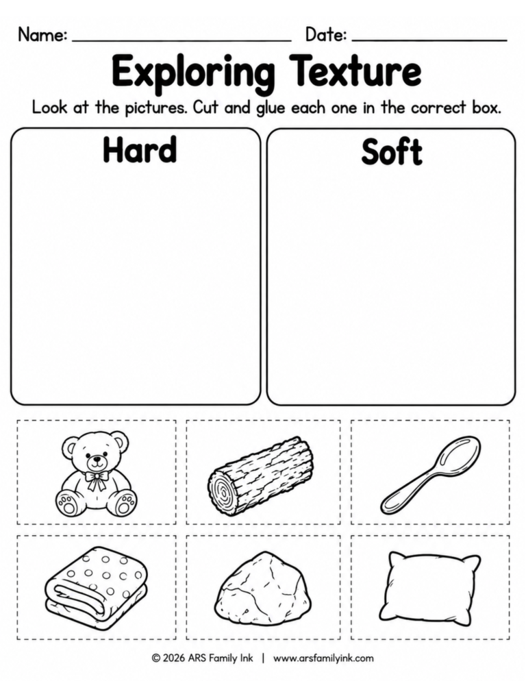 Exploring Texture kindergarten science worksheet for sorting familiar objects as hard or soft