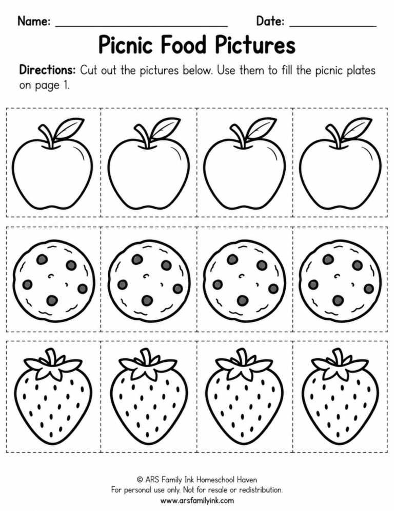 Printable cutout page with four apples, four cookies, and four strawberries arranged in rows with dashed cutting lines.