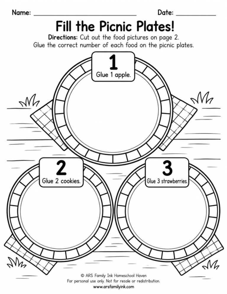 Preschool counting worksheet with three empty picnic plates labeled for 1 apple, 2 cookies, and 3 strawberries.
