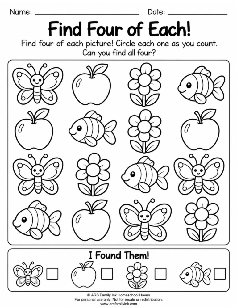Preschool counting worksheet with four butterflies, four apples, four flowers, and four fish for children to find and circle.