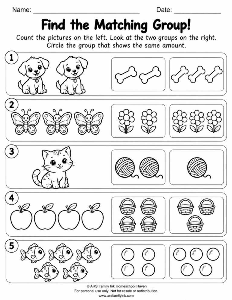 Preschool counting worksheet with puppies, butterflies, a kitten, apples, and fish. Children count each group and circle the matching quantity from two picture choices.