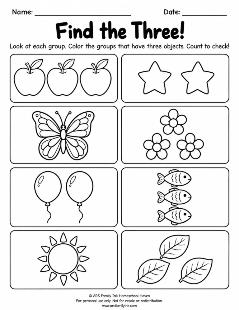 Preschool Find the Three worksheet with picture groups of apples, stars, a butterfly, flowers, balloons, fish, a sun, and leaves for children to count and color.